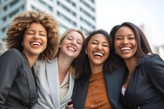 A group of businesswomen laughing together outside the office.