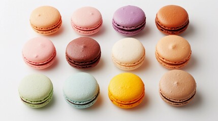 Obraz premium Assorted Macarons, arrangement of colorful macarons on a clean white background, background image, generative AI