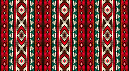 Vintage Traditional Arabian Sadu Weaving Pattern In Red Black And White Sheep Wool by Craitza - obrazy, fototapety, plakaty