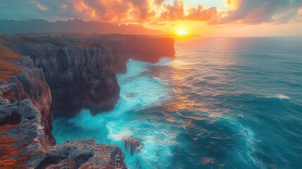 the sun is setting over the ocean with a cliff face in the foreground and a body of water in the foreground. - obrazy, fototapety, plakaty