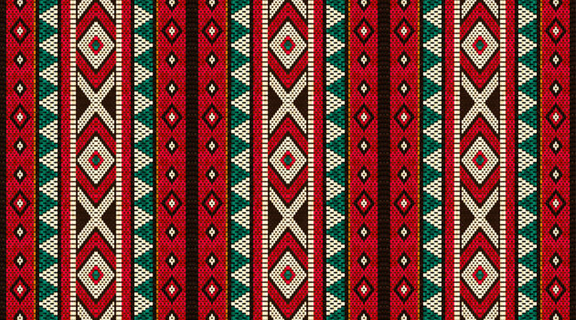 Vintage Traditional Arabian Sadu Weaving Pattern In Red Black And White Sheep Wool by Craitza