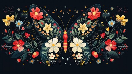 a painting of a butterfly with flowers and leaves on it's wings and wings are painted in bright colors on a black background.