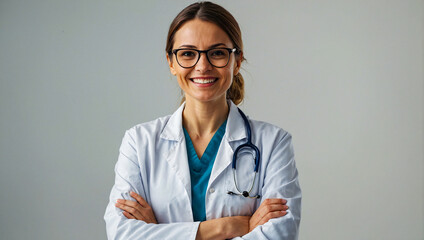 portrait of happy smiling female doctor with arms crossed on a white background - obrazy, fototapety, plakaty