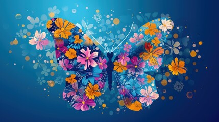 Fototapeta na wymiar a colorful butterfly with a lot of flowers on it's wings, flying through the air, on a blue background.