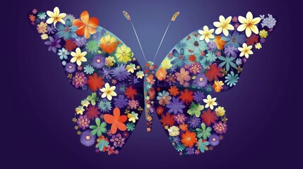 a colorful butterfly with lots of flowers on it's wings, on a purple background with space for text.