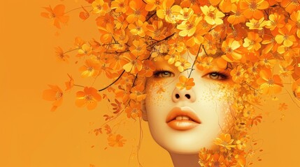 a digital painting of a woman's face with yellow flowers on her head and her hair blowing in the wind.