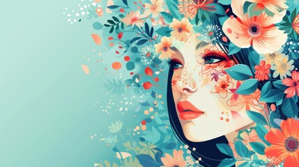 a painting of a woman's face with flowers in her hair and on her face is a blue background.