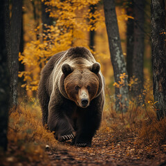 Large brown bear strolling through an autumn forest. Made with generative ai