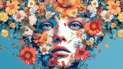 a painting of a woman's face with flowers all over her face and behind her is a blue background.