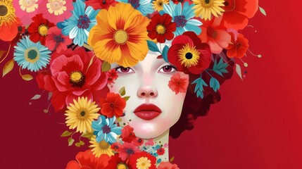 a digital painting of a woman's face with flowers all over her head and her face is surrounded by red, yellow, and blue flowers.