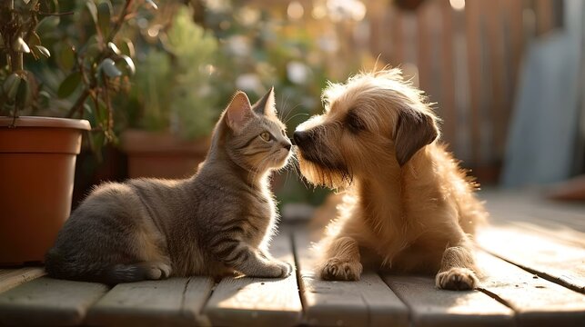 Adorable cat and dog sitting together on a sunny porch. warm, gentle moment captured. perfect image for pet lovers. ideal for web and print. AI
