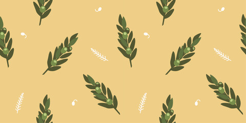 Ancient Greek seamless pattern on yellow background with green olive twigs and fir twigs. Floral pattern for unique designs, textiles and wrapping paper