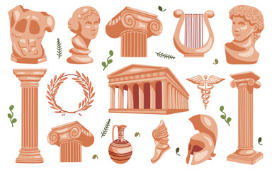 Antique set from the era of ancient Greece. Columns, busts, statues, wreaths of the ancient era for history, museums, culture. Set of antique elements in minimalistic style for unique designs