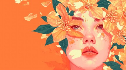 a painting of a woman's face with yellow flowers on her head and leaves on her face, with orange background.
