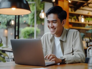 A young Indonesian male in his 20s looking at his laptop screen with a smile and joy
