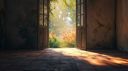 Tranquil scenic view through an open door, autumn leaves in sunlight. peaceful, picturesque, idyllic setting. perfect for relaxation themes. AI