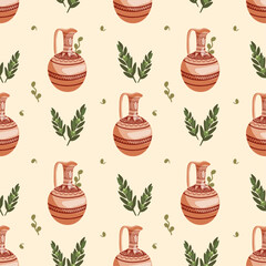 Seamless pattern with Greek motifs. Olive oil jug and olive sprigs on beige background for unique designs. Historical and museum values. Wrapping paper, postcards, printing