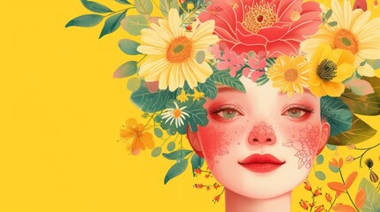 a painting of a woman's face with flowers in her hair and on her face is a yellow background.