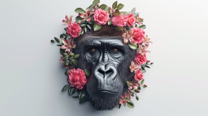 a gorilla head with flowers on it's head and a wreath of pink flowers on its head, against a white background.