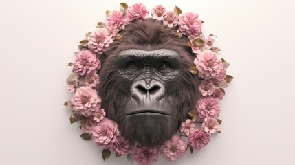 a gorilla with flowers around it's neck and a face in the middle of the frame with the gorilla's head in the middle of the frame.