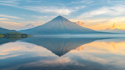 Volcanic mountain in morning light reflected.