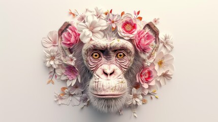 a monkey with flowers on it's head is shown in a white background with pink and white flowers on it's head.