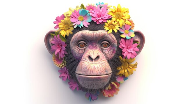 a monkey with a bunch of flowers on it's head is wearing a wreath of flowers on its head.