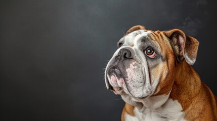 A humorous portrait of a purebred English Bulldog provides ample copy space for text, creating a charming and versatile image.