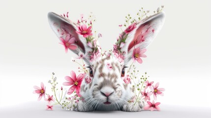 a close up of a bunny with flowers on it's head and a white background with pink flowers on it's ears.