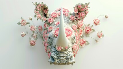 a sculpture of a rhino with pink flowers on it's face and a rhino's head in the middle of it.