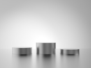 Podium. Cylinder. Gray background. Metallic. 3d illustration.