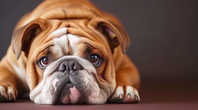 A humorous portrait of a purebred English Bulldog provides ample copy space for text, creating a charming and versatile image.