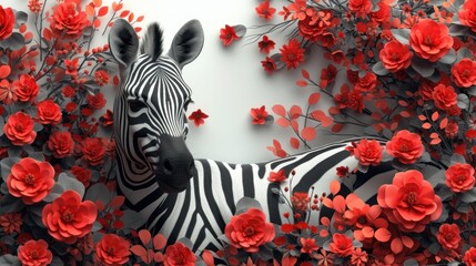 a couple of zebra standing next to each other on top of a field of red flowers on a white wall.