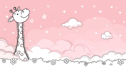 a giraffe standing in the middle of a pink sky with stars and clouds on it's sides.