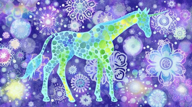 a painting of a horse standing in the middle of a field of flowers on a purple, blue, and green background.