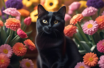 Cute black cat sits surrounded by flowers in a flower shop. Banner for Birthday, Mother's Day, Spring Season, Women's Day
