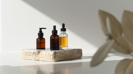 Obraz na płótnie Canvas Modern minimalist beauty and skincare products arranged aesthetically on geometric stone platforms with plant shadows creating a tranquil ambience