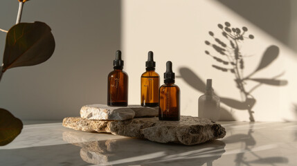 Fototapeta na wymiar neutral-toned skincare bottles on a circular stone platform with delicate dried flowers in a vase, casting soft shadows in a bright, airy setting.