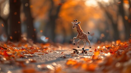 a toy giraffe standing on top of a skateboard in the middle of a forest filled with leaves. - obrazy, fototapety, plakaty