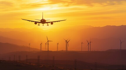 Airplane gracefully takes off at sunset with mountains and wind turbines, symbolizing sustainable future in captivating photo.