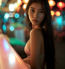 young adult asian looking woman is working in nightlife or red-light district as waitress and service woman or party guest, slender slim attractive, fictional location, sits in a bar