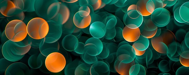 Green and orange circle spheres overlap against a solid dark background, creating a dynamic and vibrant composition.