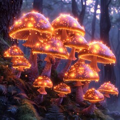 a group of mushrooms with glowing lights on them in the middle of a forest with a lot of trees in the background.