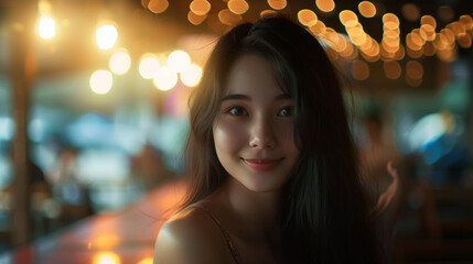 young adult asian looking woman is working in nightlife or red-light district as waitress and service woman or party guest, slender slim attractive, fictional location, sits in a bar - obrazy, fototapety, plakaty