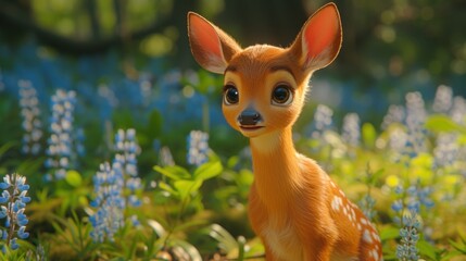 a close up of a small deer in a field of flowers with a blurry background of bluebells.