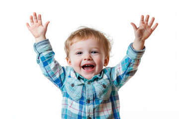 Happy toddler with raised up hands.