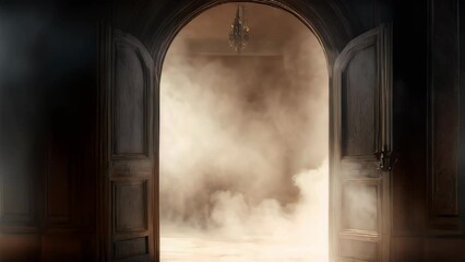 walking towards open door with smoke and light coming from it