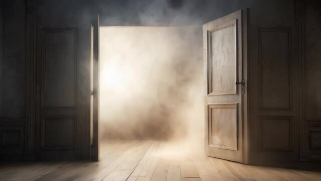 Walking towards open doorway with smoke and light pouring from it