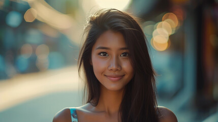 good mood young adult woman, tanned skin tone, fictional location, Asian or Indonesian or South American, dark long hair, slim attractive youthful appearance, age 20 - obrazy, fototapety, plakaty