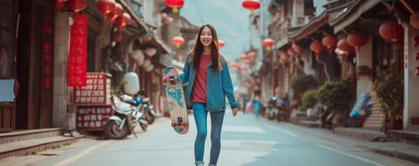 A joyful young Asian Chinese woman crosses the road while carrying a skateboard in an old town, radiating a sense of happiness and urban vibrancy.